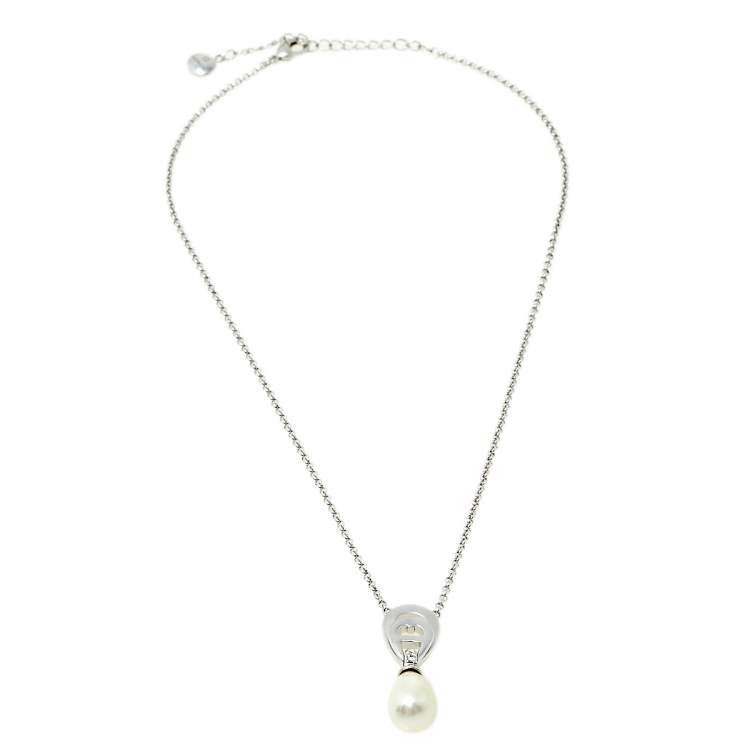 Pre Owned Aigner A-Logo Pearl Crystal Silver Tone Pendant Necklace