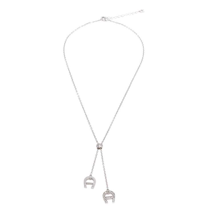 Pre Owned Aigner Crystal Logo Silver Tone Earrings and Necklace Set