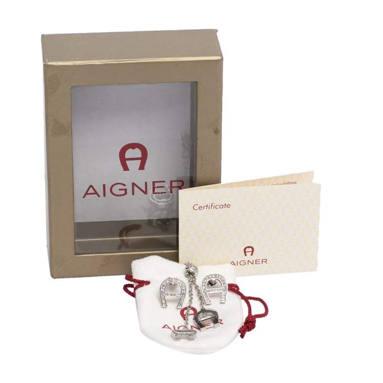Pre Owned Aigner Crystal Logo Silver Tone Earrings and Necklace Set