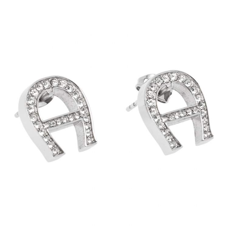 Pre Owned Aigner Crystal Logo Silver Tone Earrings and Necklace Set