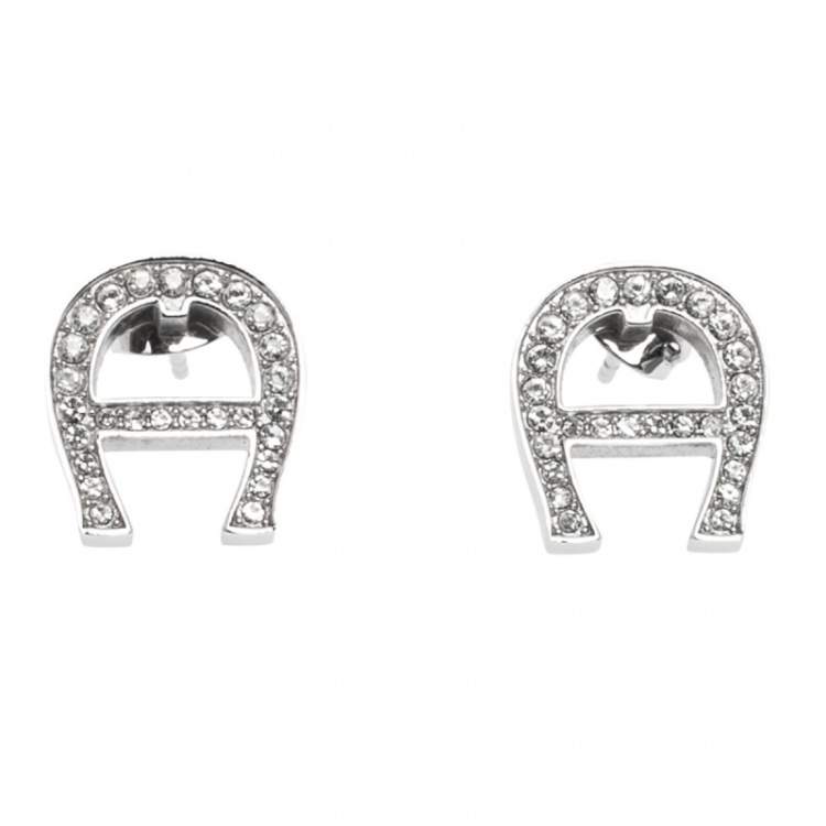 Pre Owned Aigner Crystal Logo Silver Tone Earrings and Necklace Set