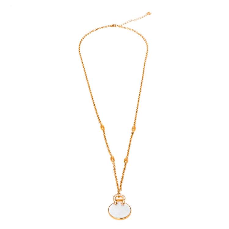 Pre Owned Aigner Mother of Pearl Crystal Logo Rose Gold Plated Pendant Necklace