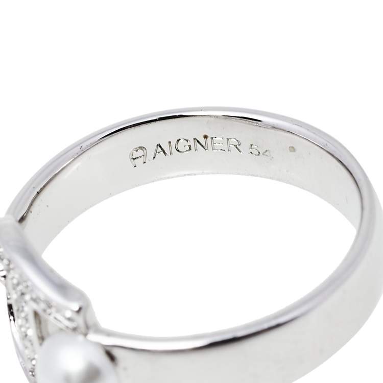 Pre Owned Aigner Silver Tone Crystal Pearl Logo Ring Size EU 54