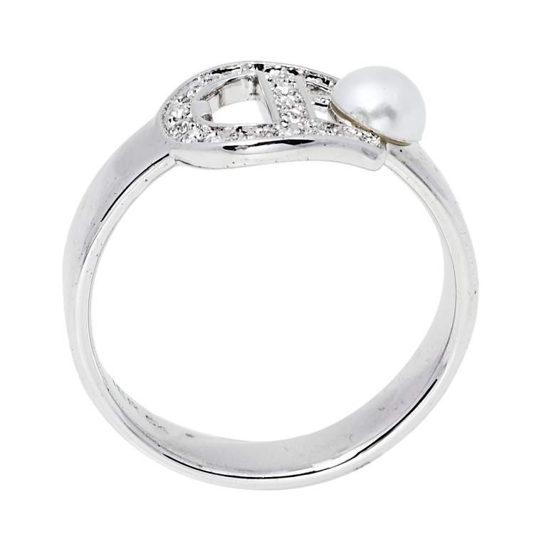 Pre Owned Aigner Silver Tone Crystal Pearl Logo Ring Size EU 54