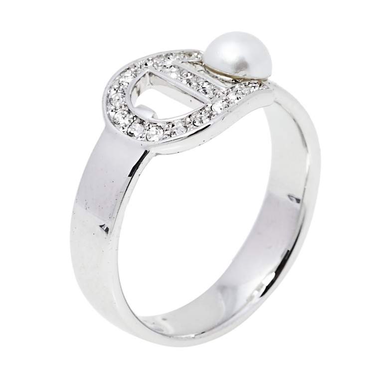 Pre Owned Aigner Silver Tone Crystal Pearl Logo Ring Size EU 54