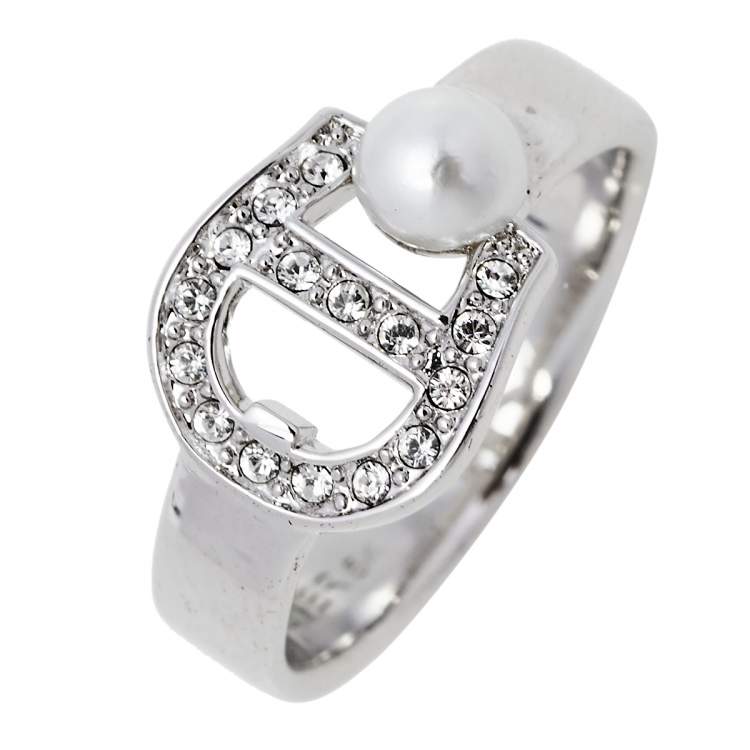 Pre Owned Aigner Silver Tone Crystal Pearl Logo Ring Size EU 54