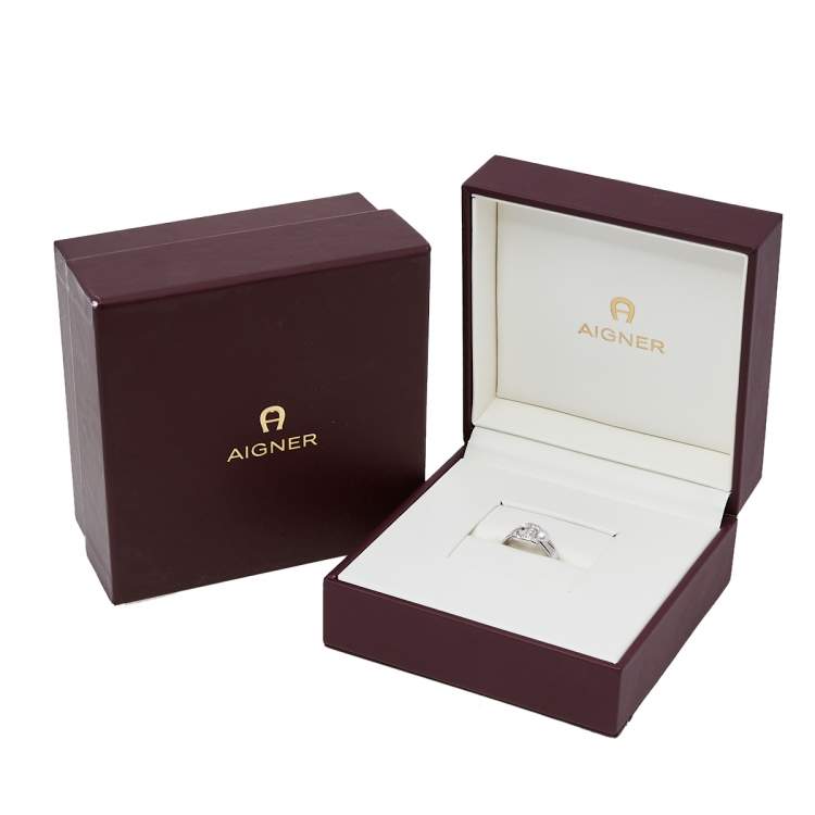 Pre Owned Aigner Silver Tone Crystal Pearl Logo Ring Size EU 54