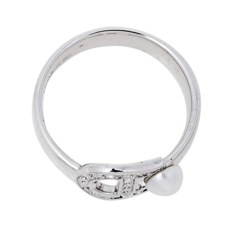 Pre Owned Aigner Silver Tone Crystal Pearl Logo Ring Size EU 54