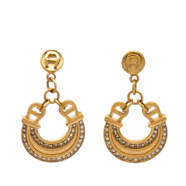 مملوكة مسبقًا Aigner Gold Tone Crystal Studded Logo Necklace & Earrings Set 