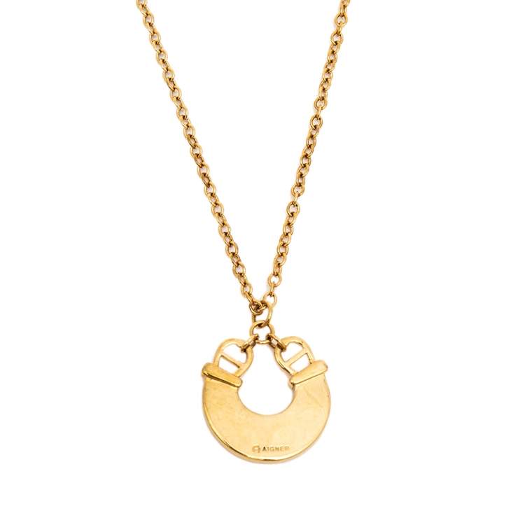 مملوكة مسبقًا Aigner Gold Tone Crystal Studded Logo Necklace & Earrings Set 
