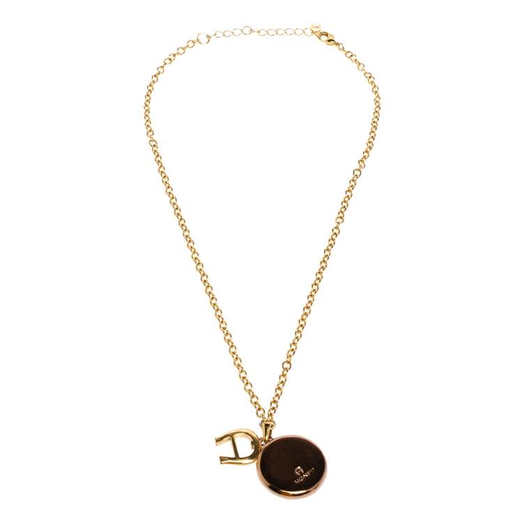 Pre Owned Aigner Logo Crystal Two Tone Metal Pendant Necklace