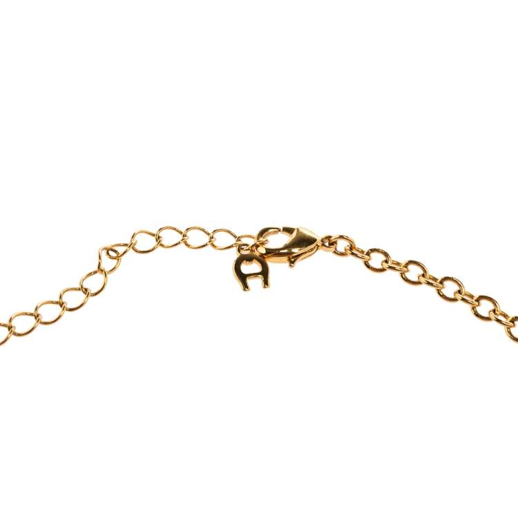 Pre Owned Aigner Logo Crystal Two Tone Metal Pendant Necklace