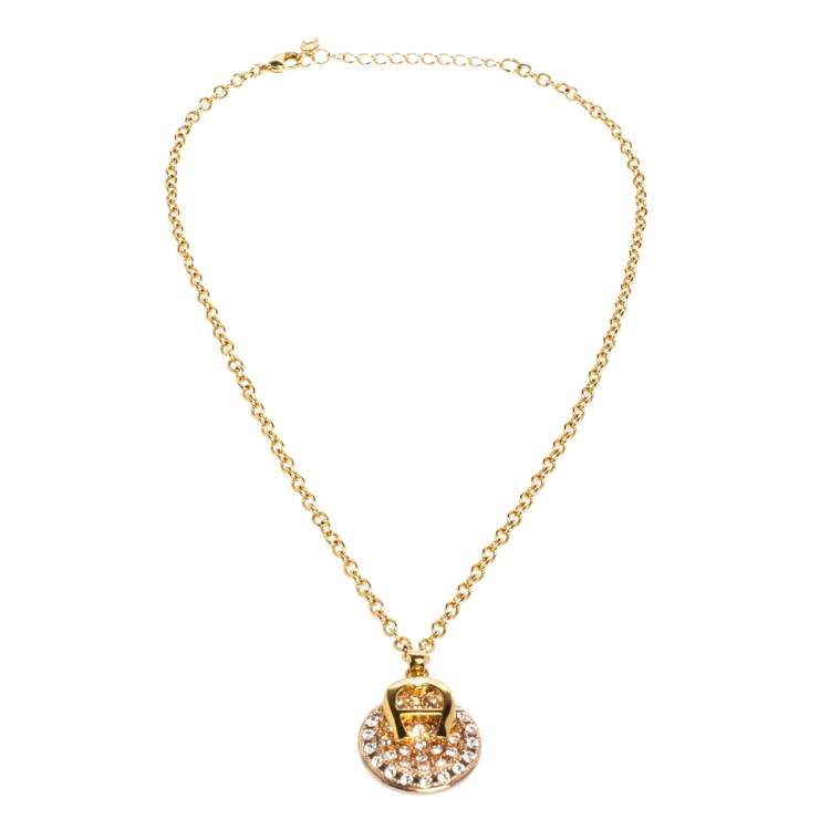 Pre Owned Aigner Logo Crystal Two Tone Metal Pendant Necklace