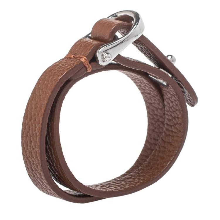 Pre Owned Aigner Brown Leather Double Tour Logo Bracelet