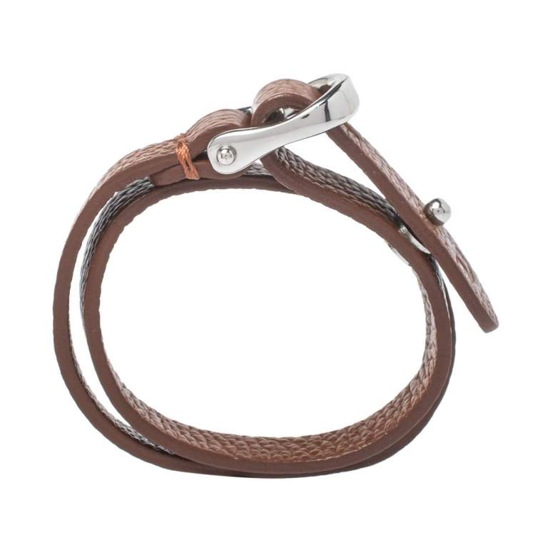 Pre Owned Aigner Brown Leather Double Tour Logo Bracelet