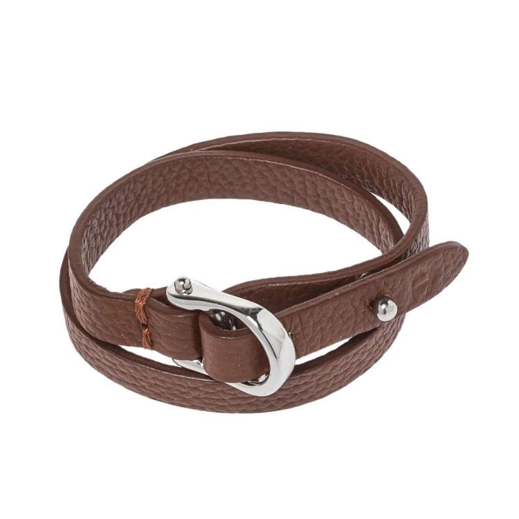 Pre Owned Aigner Brown Leather Double Tour Logo Bracelet