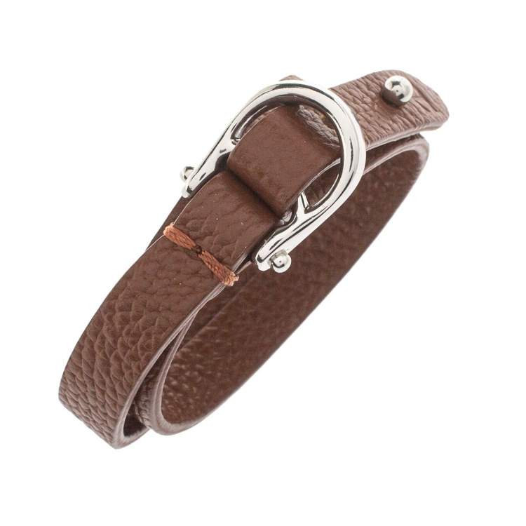 Pre Owned Aigner Brown Leather Double Tour Logo Bracelet