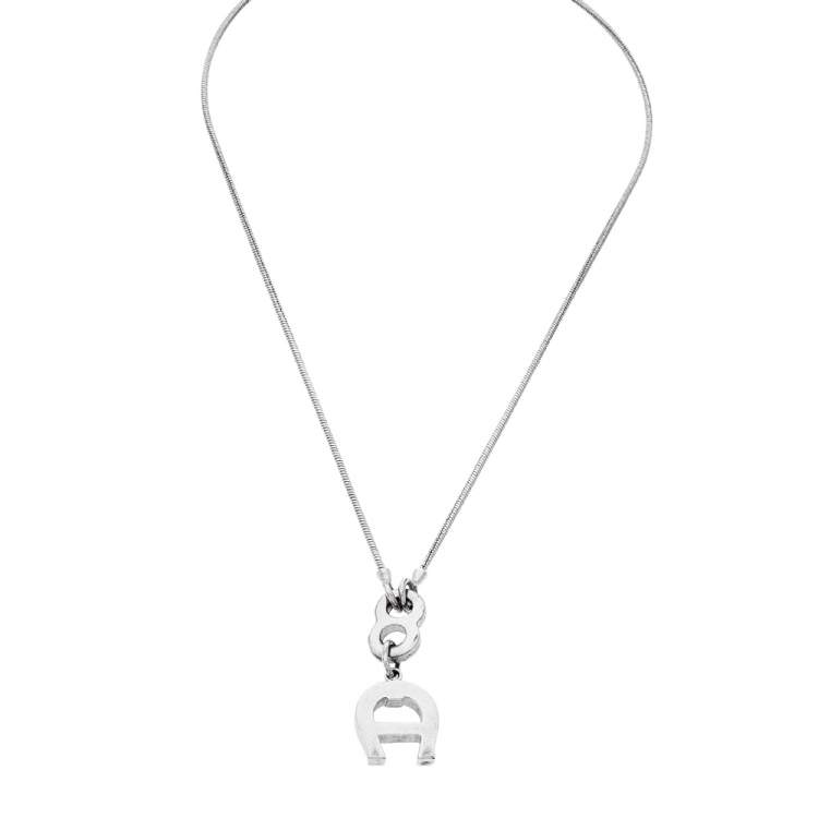 Pre Owned Aigner Silver Tone Crystal Logo Pendant Necklace