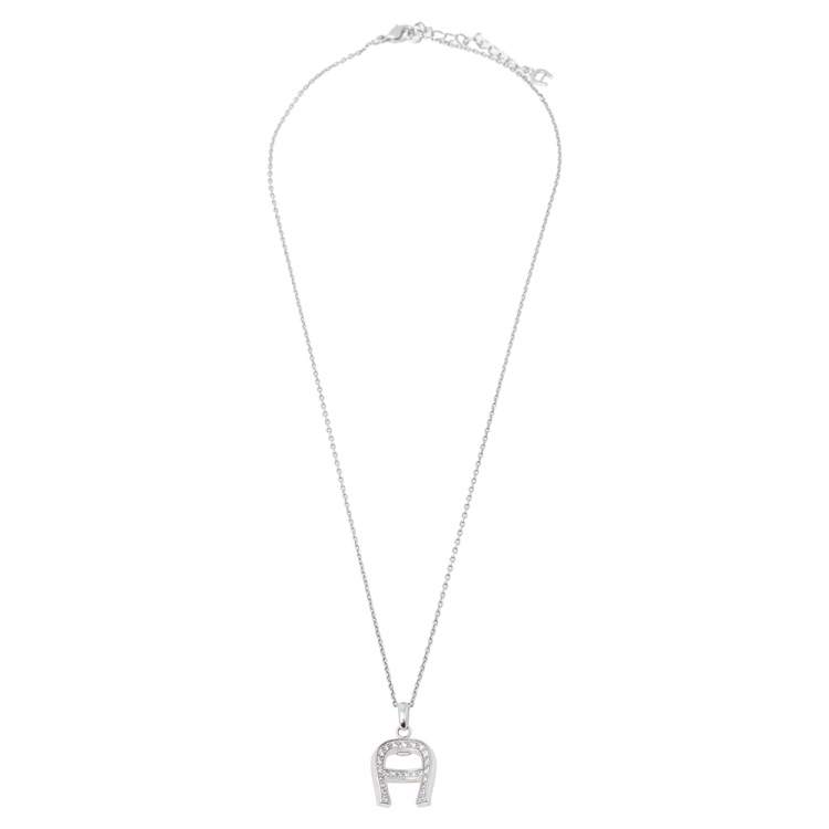 Pre Owned Aigner Silver Tone Crystal Logo Pendant Necklace