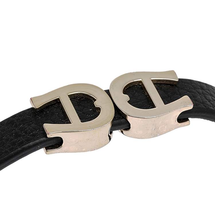 Pre Owned Aigner Black Leather Gold Tone Logo Bracelet