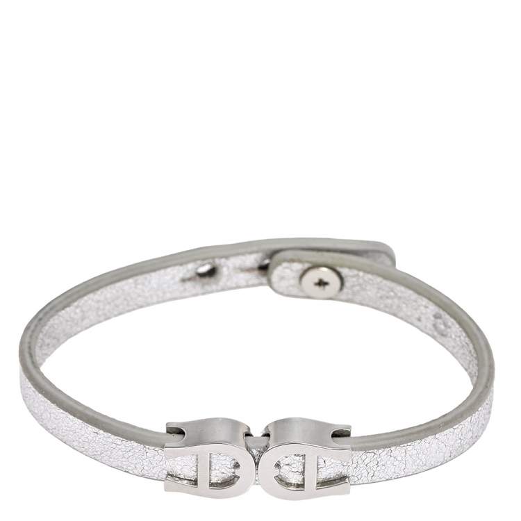 Pre Owned Aigner Silver Leather Silver Tone Logo Bracelet