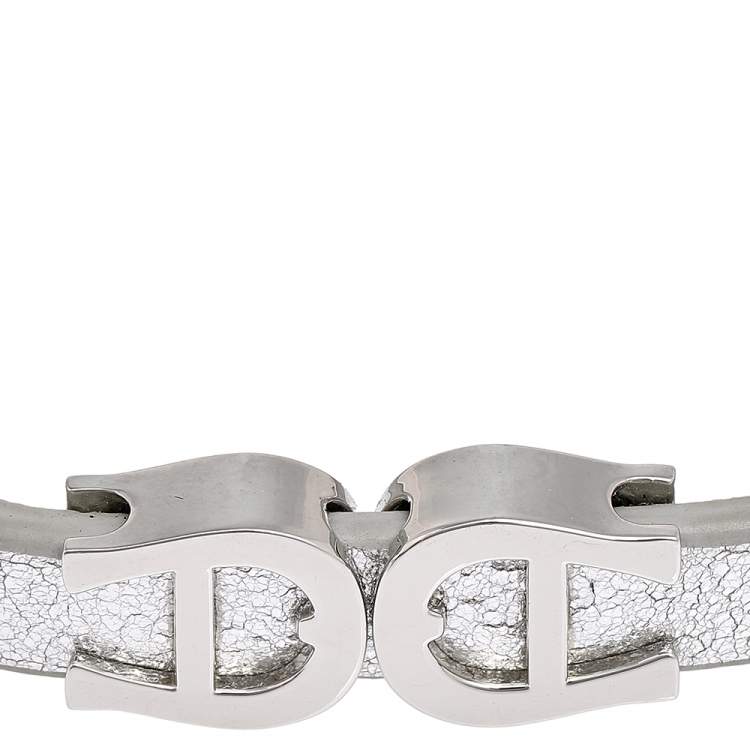 Pre Owned Aigner Silver Leather Silver Tone Logo Bracelet