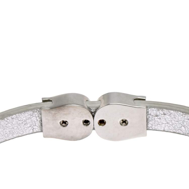 Pre Owned Aigner Silver Leather Silver Tone Logo Bracelet