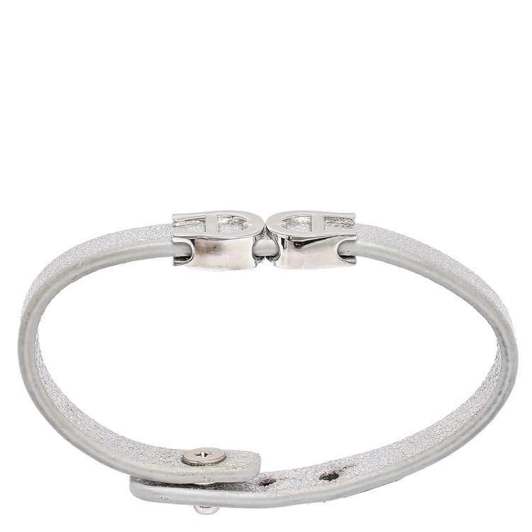 Pre Owned Aigner Silver Leather Silver Tone Logo Bracelet