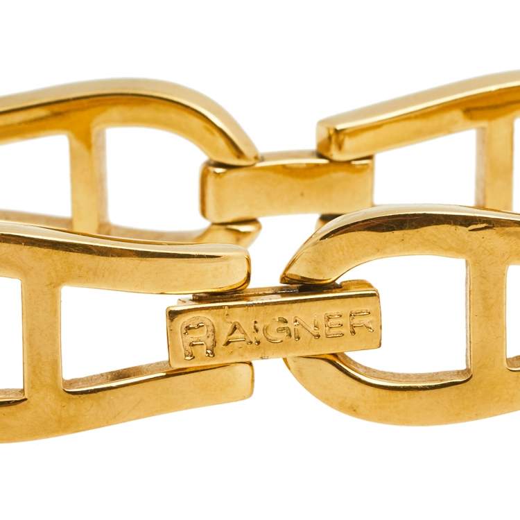 Pre Owned Aigner Gold Tone Logo Link Bracelet