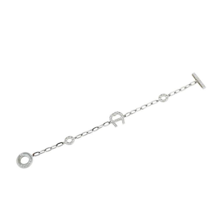 Pre Owned Aigner Silver Tone Crystal Logo Toggle Bracelet