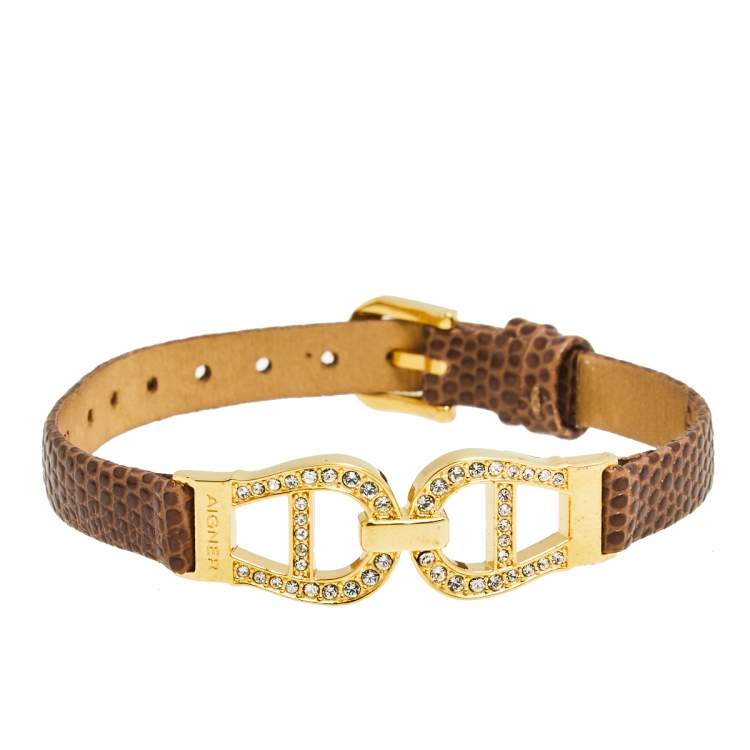 Aigner Brown Lizard Embossed Leather Crystal Logo Wrap Bracelet