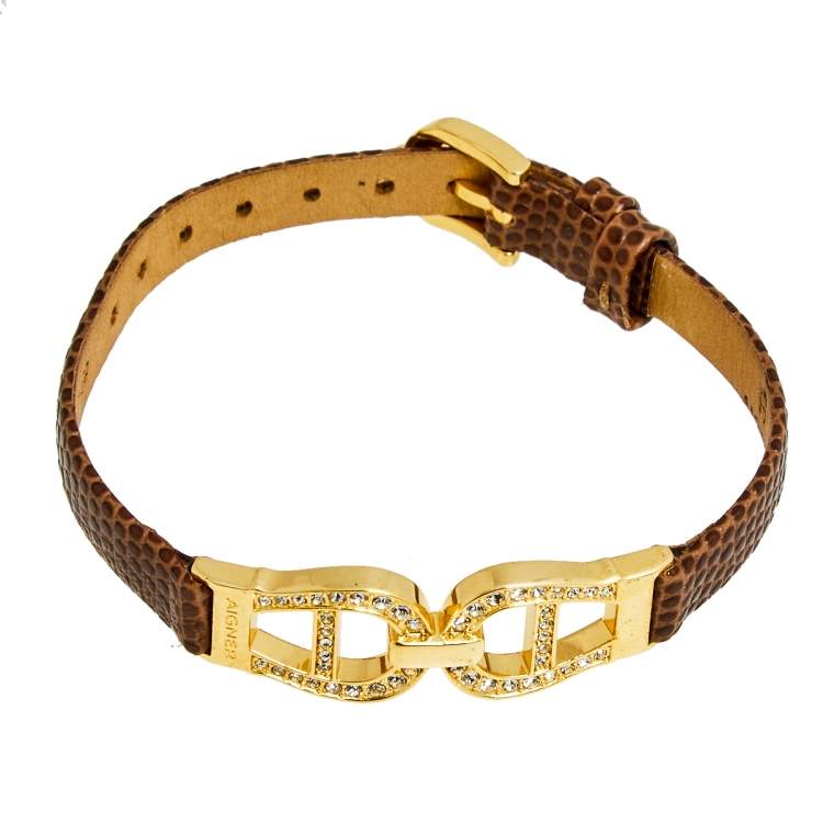 Pre Owned Aigner Brown Lizard Embossed Leather Crystal Logo Wrap Bracelet