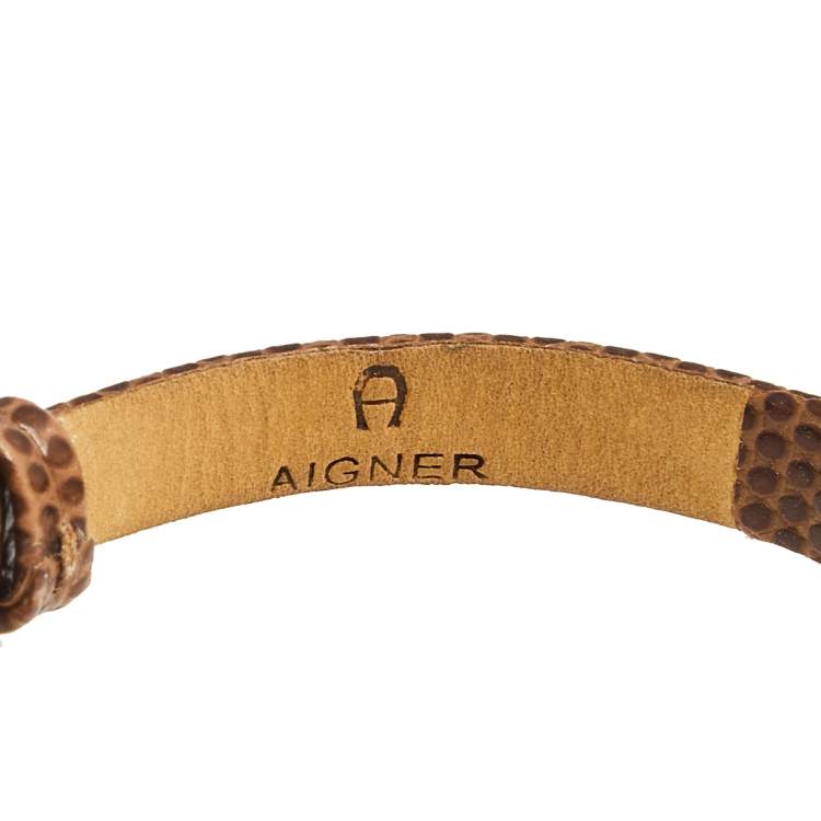 Pre Owned Aigner Brown Lizard Embossed Leather Crystal Logo Wrap Bracelet