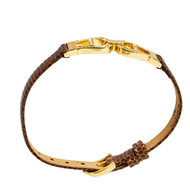 Pre Owned Aigner Brown Lizard Embossed Leather Crystal Logo Wrap Bracelet