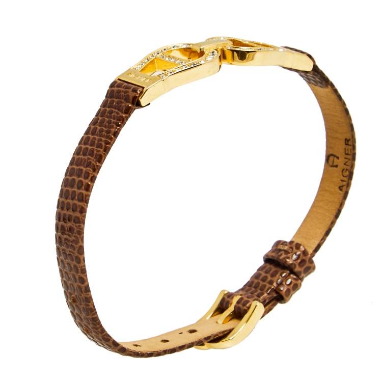 Pre Owned Aigner Brown Lizard Embossed Leather Crystal Logo Wrap Bracelet