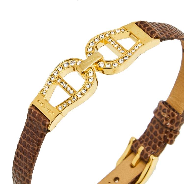 Pre Owned Aigner Brown Lizard Embossed Leather Crystal Logo Wrap Bracelet