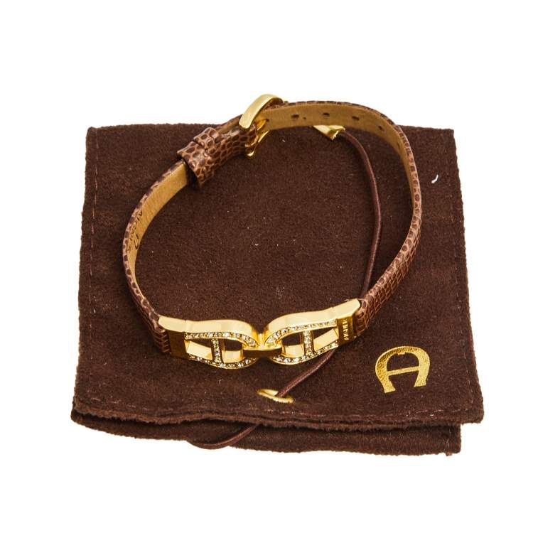 Pre Owned Aigner Brown Lizard Embossed Leather Crystal Logo Wrap Bracelet