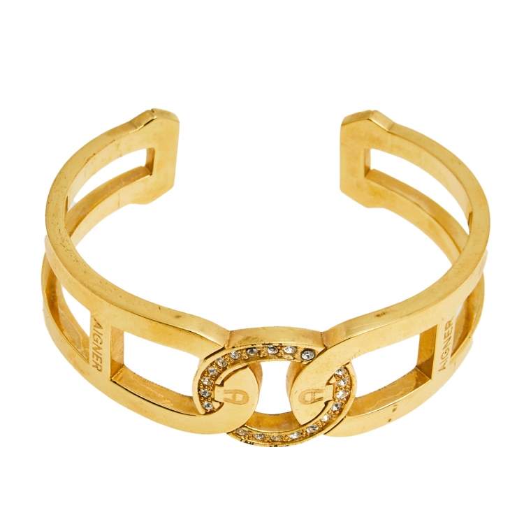 Pre Owned Aigner Crystal Studded Logo Gold Tone Open Cuff Bracelet