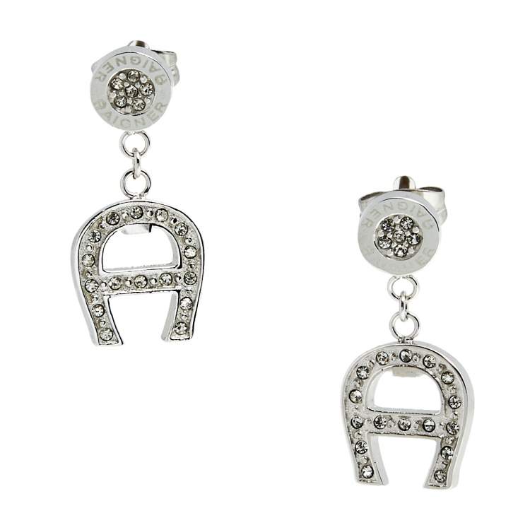 Pre Owned Aigner Silver Tone Crystal Logo Drop Earrings