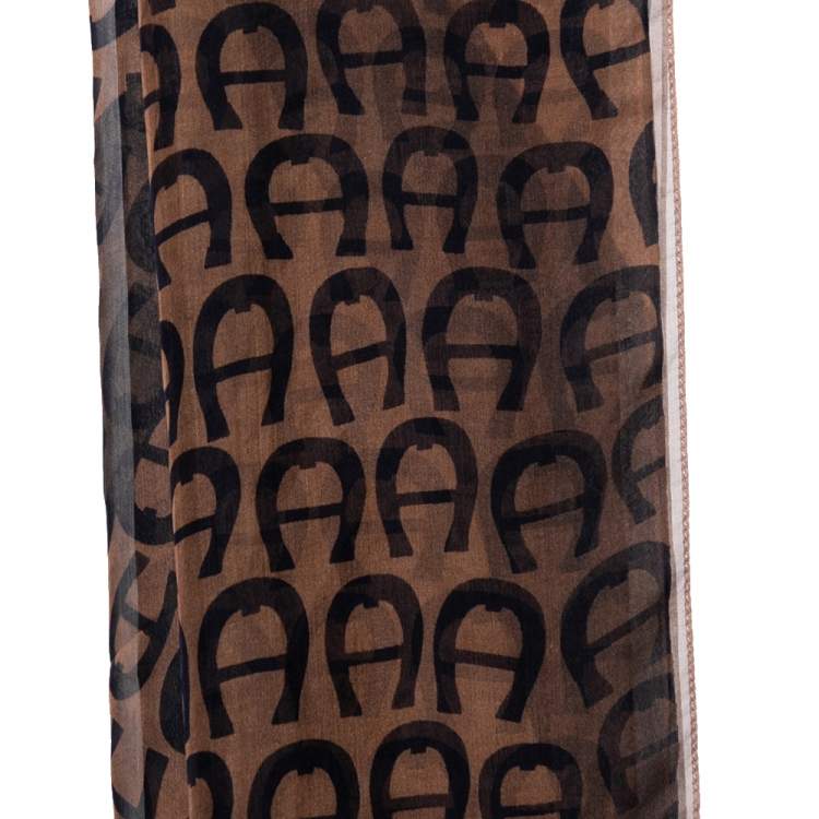 مملوكة مسبقًا Aigner Brown Logo Print Silk Scarf