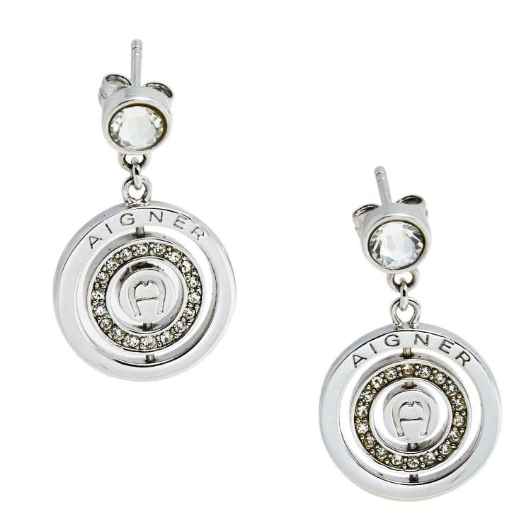 Pre Owned Aigner Silver Tone Crystal Logo Drop Earrings