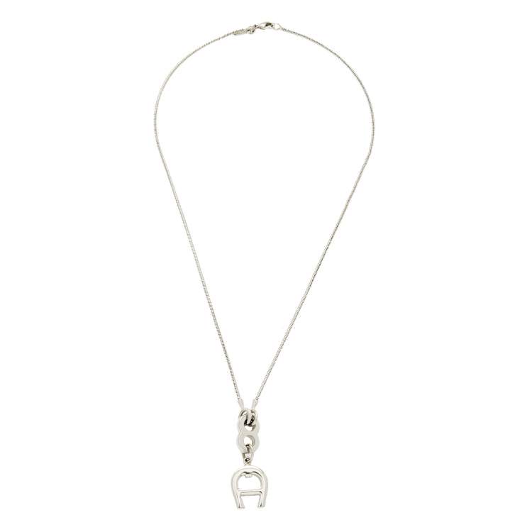 Pre Owned Aigner Logo Silver Tone Metal Pendant Necklace