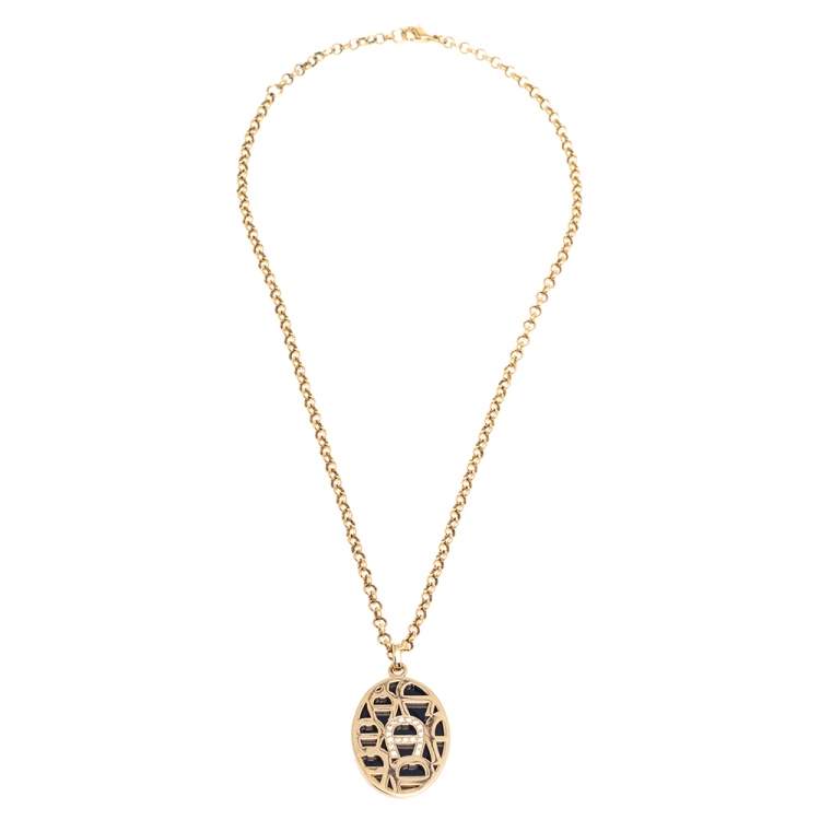 Pre Owned Aigner Crystal Logo Double Pendant Gold Tone Pendant Necklace