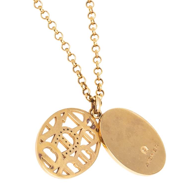 Pre Owned Aigner Crystal Logo Double Pendant Gold Tone Pendant Necklace