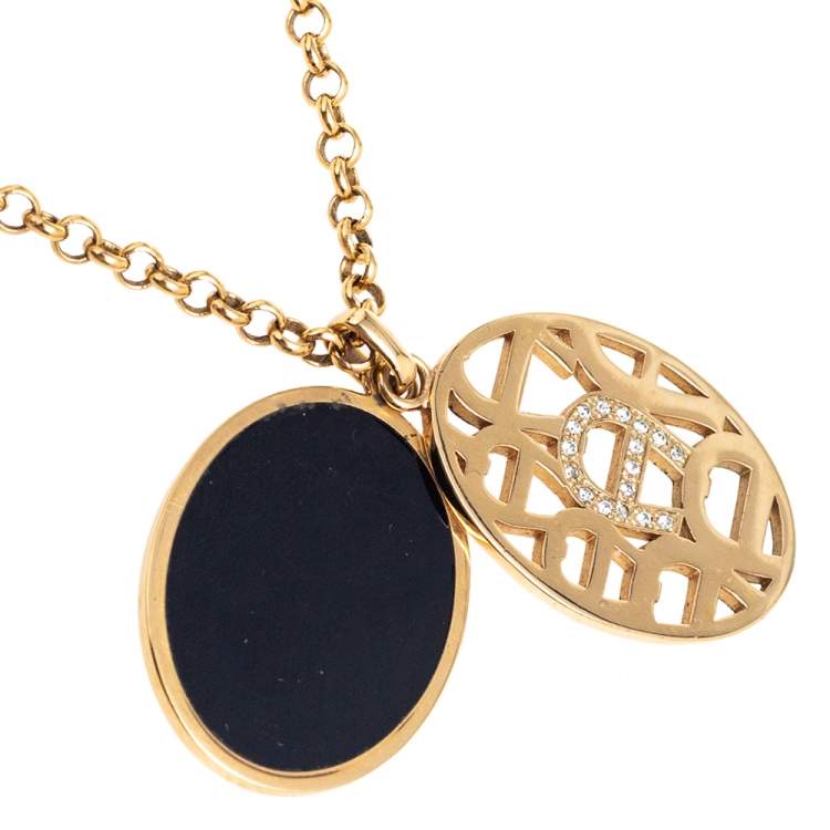 Pre Owned Aigner Crystal Logo Double Pendant Gold Tone Pendant Necklace