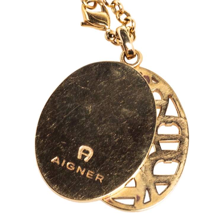 Pre Owned Aigner Crystal Logo Double Pendant Gold Tone Pendant Necklace