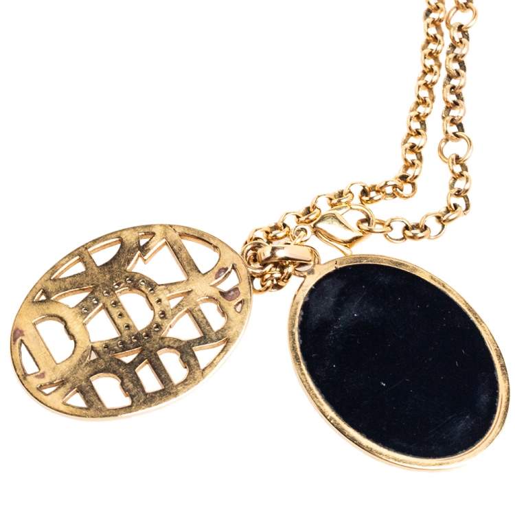 Pre Owned Aigner Crystal Logo Double Pendant Gold Tone Pendant Necklace