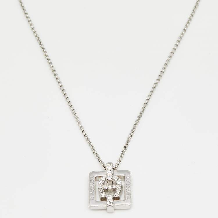 Pre Owned Aigner Crystal Studded Silver Tone Square Pendant Necklace