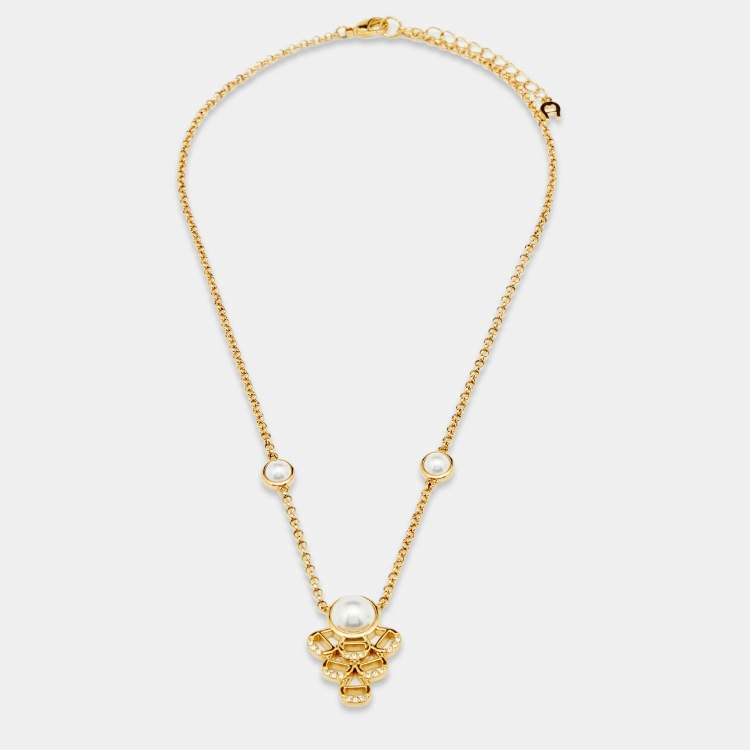 Pre Owned Aigner Crystal Faux Pearl Gold Tone Earrings & Pendant Chain Set
