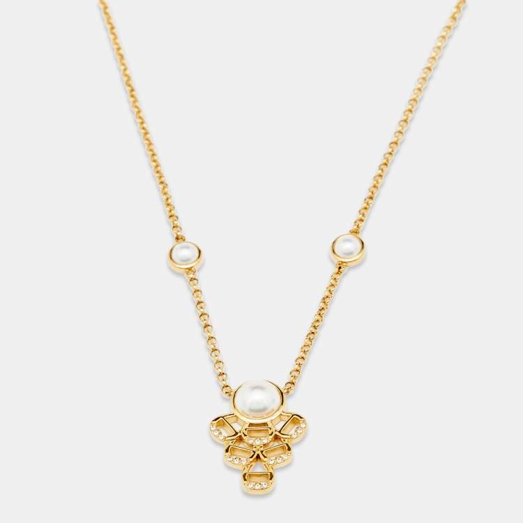 Pre Owned Aigner Crystal Faux Pearl Gold Tone Earrings & Pendant Chain Set